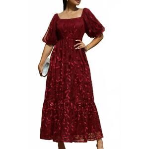 NEW DRESS DAY sequins mesh long dress in burgundy